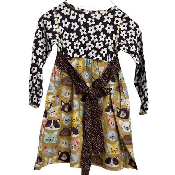 Silly Molly Cat Dress Girls Brown Yellow Long Sleeve Belted Cotton Size 6 - Picture 3 of 11